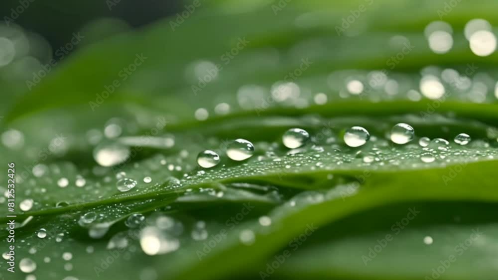 Macro of water drops on green tropical plant leaves. Alternative herb skin care medicine concept. Herbal essence dropping from leaf. Organic serum drop or green tea tree oil extract Macro of water drops on green tropical plant leaves. Alternative herb skin care medicine concept. Herbal essence dropping from leaf. Organic serum drop or green tea tree oil extract