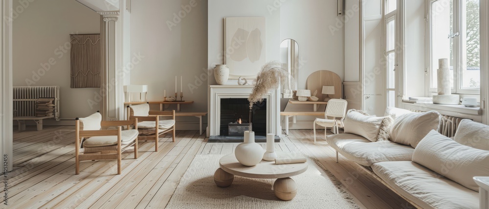 A large living room with a fireplace and a white couch A large living room with a fireplace and a white couch