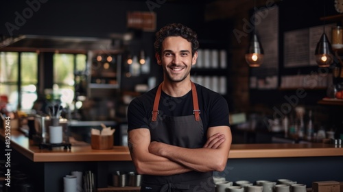 Portrait of a handsome barista in black t-shirt and apron standing at the bar of the modern cafe