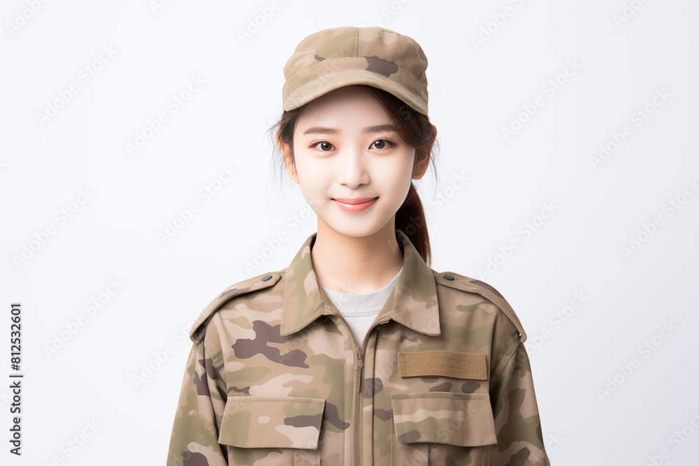 Teen pretty Japanese girl over isolated white background in military uniform Teen pretty Japanese girl over isolated white background in military uniform
