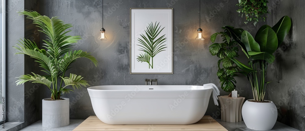 A bathroom with a white bathtub and a large leafy plant A bathroom with a white bathtub and a large leafy plant