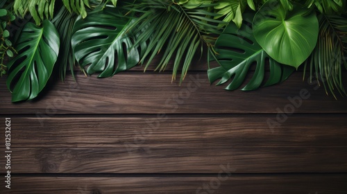 A wooden background with green leaves and a green leafy plant