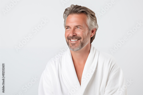 Middle aged man over isolated white background in a bathrobe