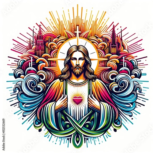 A colorful art of a jesus christ holding a book has illustrative meaning used for printing card design illustrator.