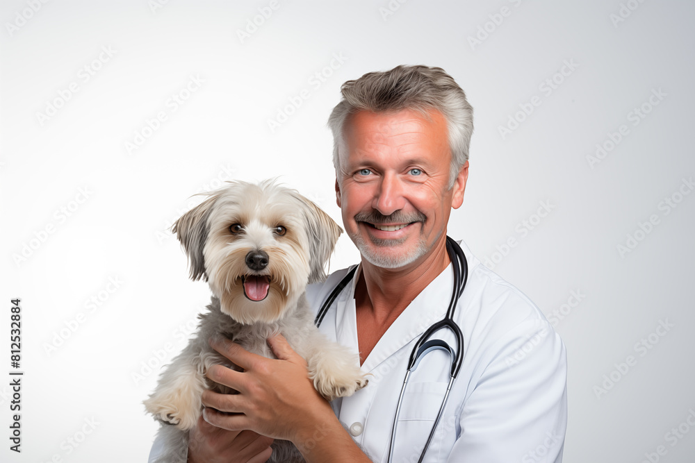 Middle aged man over isolated white background with a dog Middle aged man over isolated white background with a dog