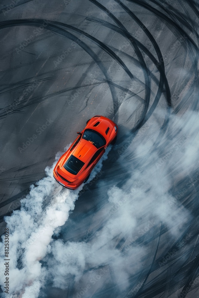 Drift, Aerial View of Professional Driver Executing a Perfect Drift on Asphalt Track orange car Drift, Aerial View of Professional Driver Executing a Perfect Drift on Asphalt Track orange car