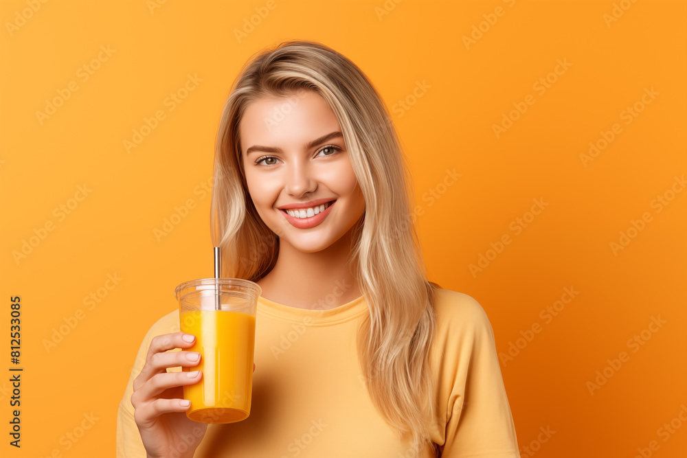 Young pretty blonde girl over isolated colorful background holding an orange juice Young pretty blonde girl over isolated colorful background holding an orange juice