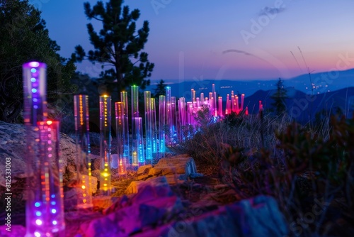 A path is lit up with colorful Christmas lights