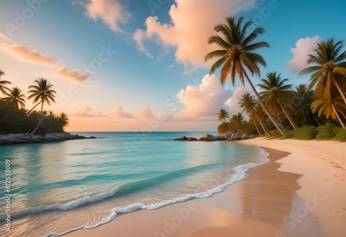 A secluded beach with sparkling turquoise waters and palm trees swaying gently in the breeze.