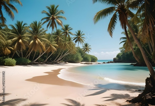 A secluded beach with sparkling turquoise waters and palm trees swaying gently in the breeze.