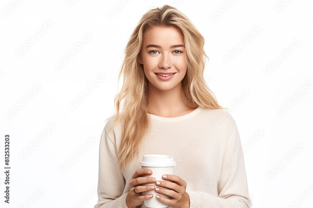 Young pretty blonde girl over isolated white background holding a take away coffee Young pretty blonde girl over isolated white background holding a take away coffee