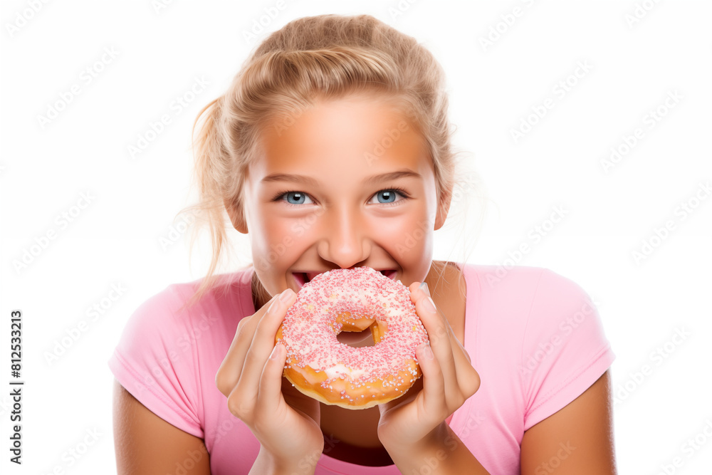 Young pretty blonde girl over isolated white background holding a donut Young pretty blonde girl over isolated white background holding a donut