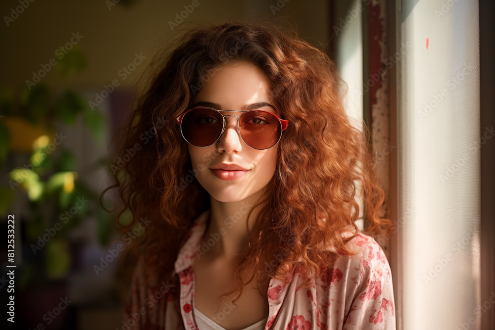 Young pretty brunette girl at indoors with sunglasses Young pretty brunette girl at indoors with sunglasses