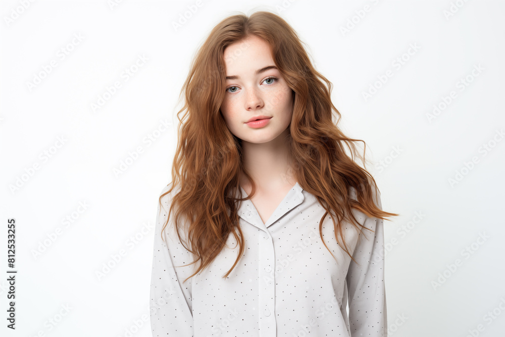 Young pretty brunette girl over isolated white background in pajamas Young pretty brunette girl over isolated white background in pajamas