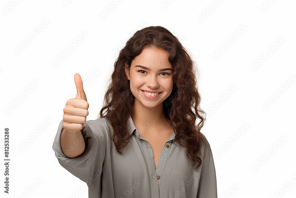 Young pretty brunette girl over isolated white background with thumb up Young pretty brunette girl over isolated white background with thumb up