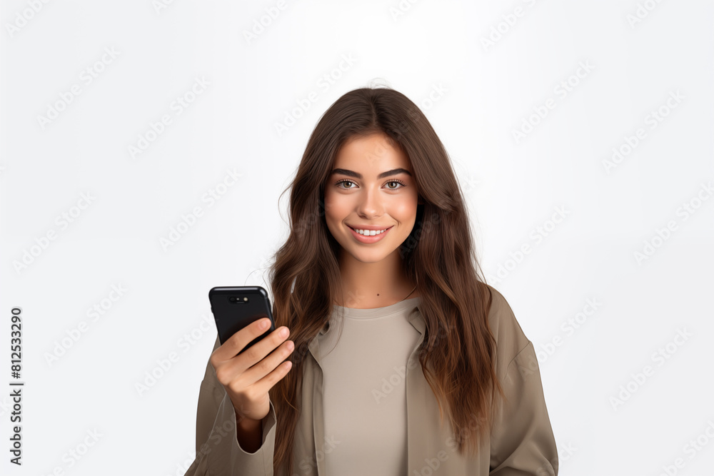 Young pretty brunette girl over isolated white background using mobile phone Young pretty brunette girl over isolated white background using mobile phone