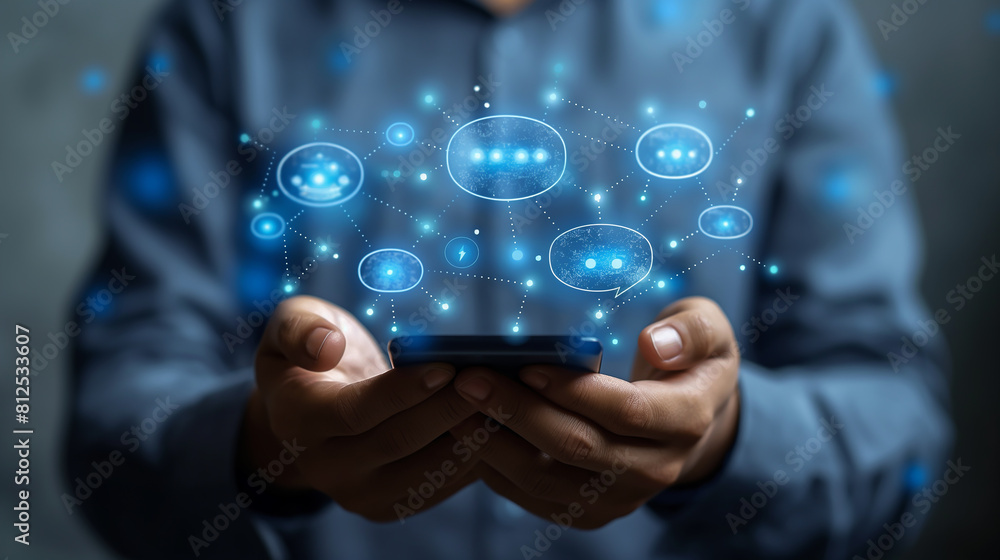 the man holding the smartphone with infographic of caht popup message showing, the man holding the smartphone with infographic of caht popup message showing,