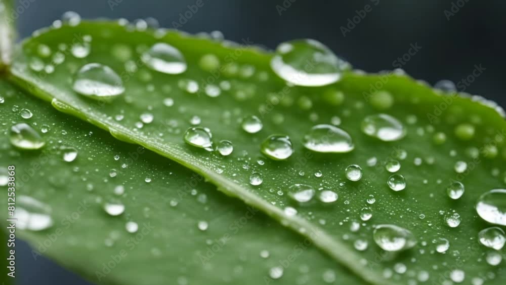 Macro of water drops on green tropical plant leaves. Alternative herb skin care medicine concept. Herbal essence dropping from leaf. Organic serum drop or green tea tree oil extract Macro of water drops on green tropical plant leaves. Alternative herb skin care medicine concept. Herbal essence dropping from leaf. Organic serum drop or green tea tree oil extract