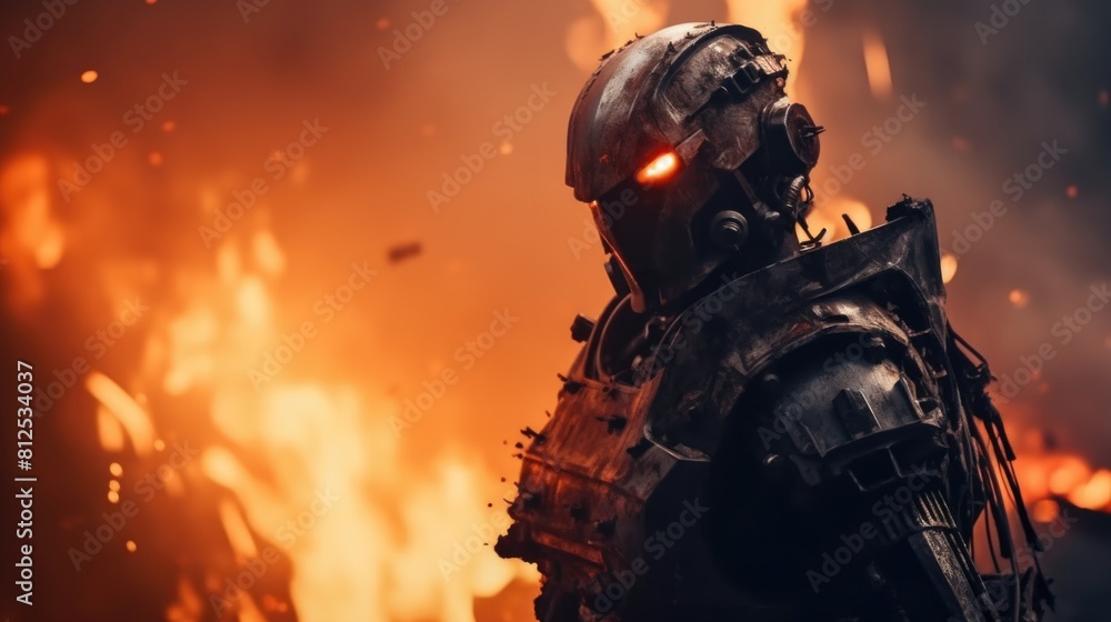 Military robot against the backdrop of fire. AI generative. Military robot against the backdrop of fire. AI generative.