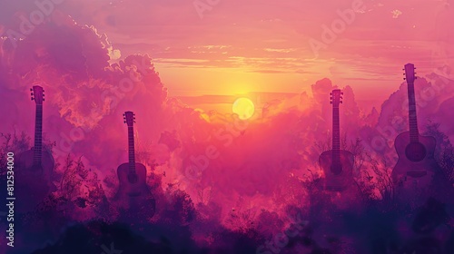 A painting of three guitars and a sun in the sky