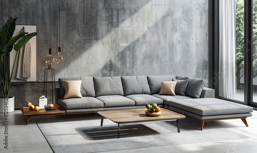 Embrace the beauty of raw concrete in a minimalist living room. A wooden coffee table and a soft grey sofa create a warm and inviting space.
