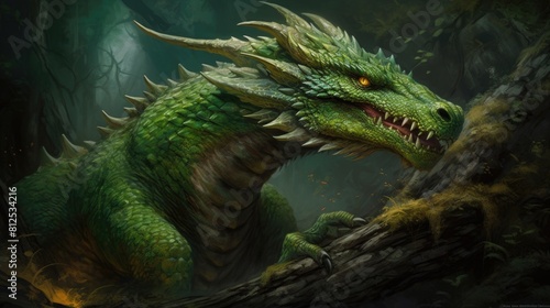 Fantastic green dragon. Mythical creature. Symbol of the year. AI generative.