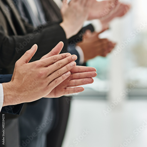 Business people  group and hands applause for celebration support or teamwork  well done or winning. Colleagues  clapping and congratulations for corporate opportunity or deal  target or solidarity
