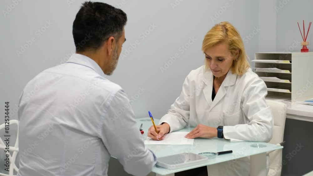 Patient man signing up the consent form in a esthetic clinic. Aesthetic doctor explaining the procedure to a patient. Patient man signing up the consent form in a esthetic clinic. Aesthetic doctor explaining the procedure to a patient.