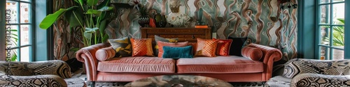Serpent s Solace A Serene and Tranquil Lounge Room with Vibrant Snake Skin Wallpaper photo