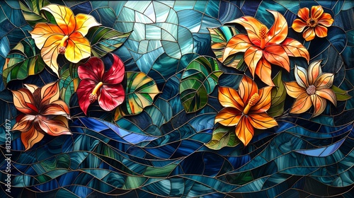 A colorful stained glass window with flowers and water