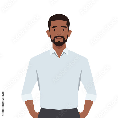 Young black man standing with hands in his pockets. Flat vector illustration isolated on white background