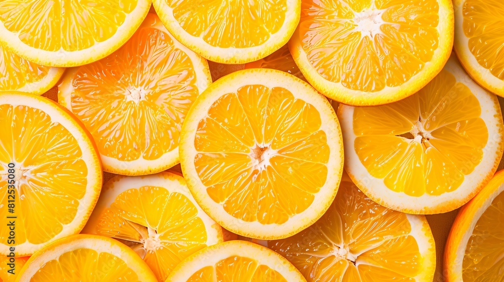 Fototapeta premium Slices of fresh orange fruit as background, top view.