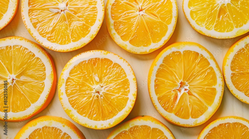 Obraz premium Slices of fresh orange fruit as background, top view.