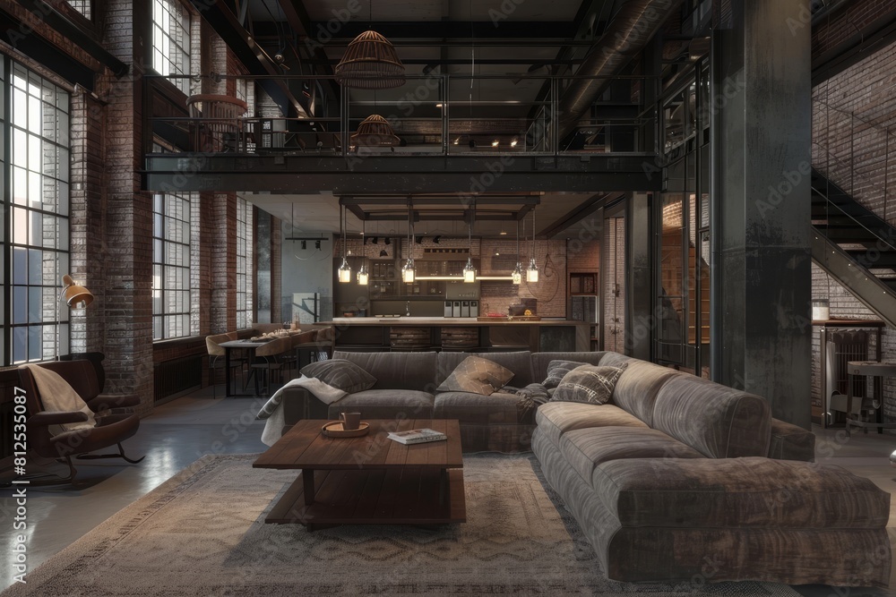 A large living room with a couch, coffee table, and chairs A large living room with a couch, coffee table, and chairs