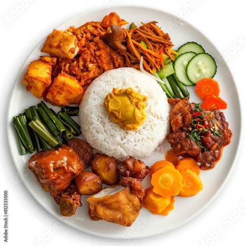 a plate of nasi padang top view white background photo