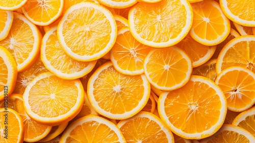 Slices of fresh orange fruit as background, top view.