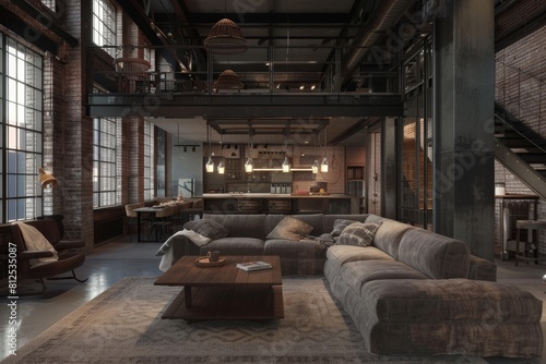 A large living room with a couch, coffee table, and chairs © Phuriphat