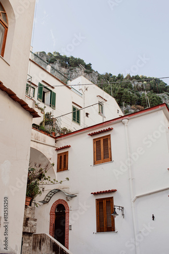 Old historic Italian architecture. Traditional European old town buildings in Amalfi, Salerno, Italy. Vacation travel background
