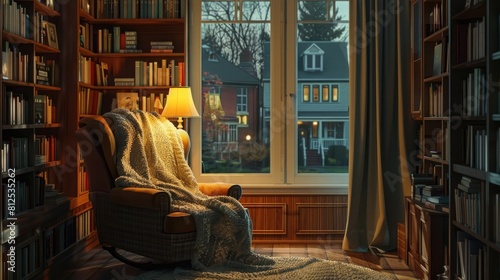 cozy reading nook with a comfy chair, lamp and bookshelves filled with books, a throw blanket on the armchair, a window view of houses in the neighborhood, captured