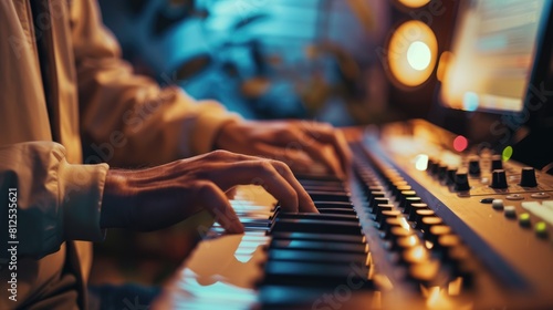Close up of professional smart musician playing keyboard at modern music studio. Skilled producer or sound engineer in casual cloth making and recording the song and mastering the new track. AIG42. photo