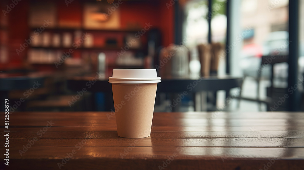 Paper cup of coffee on a wooden table in a coffee shop. Space for text and design. Paper cup of coffee on a wooden table in a coffee shop. Space for text and design.