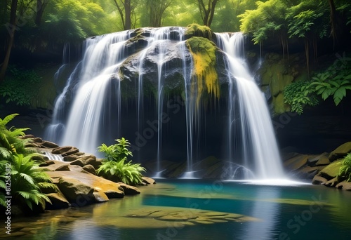 A majestic waterfall cascading down into a crystal-clear pool  surrounded by lush greenery.