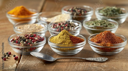 Assortment of spices presented in glass bowls and a spoon on a wooden surface © AkuAku
