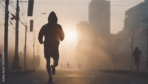 Silhouette of muscular man going for a run in shorts and hoodie at misty sunrise in the city center
 photo