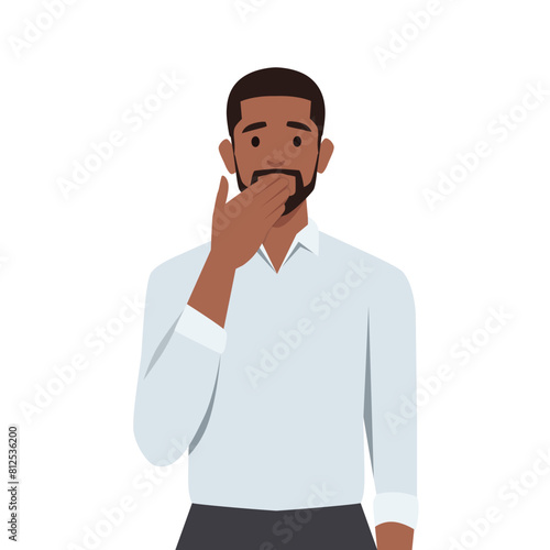 Frustrated young man cover mouth shocked with news or message. Flat vector illustration isolated on white background
