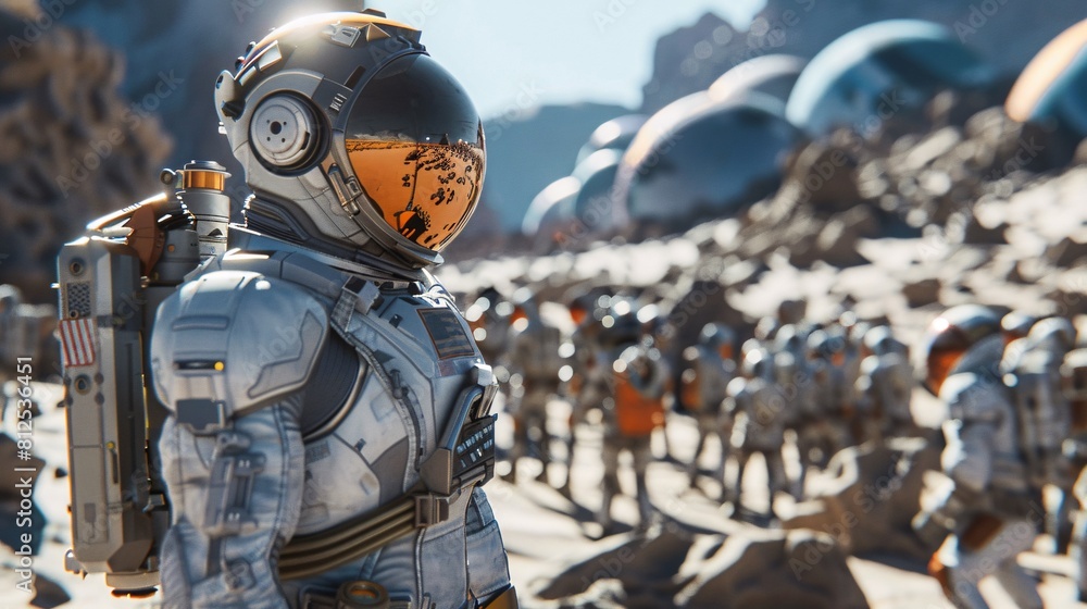 Naklejka premium Astronaut standing in front of the mountains. Science fiction art. Copy space.
