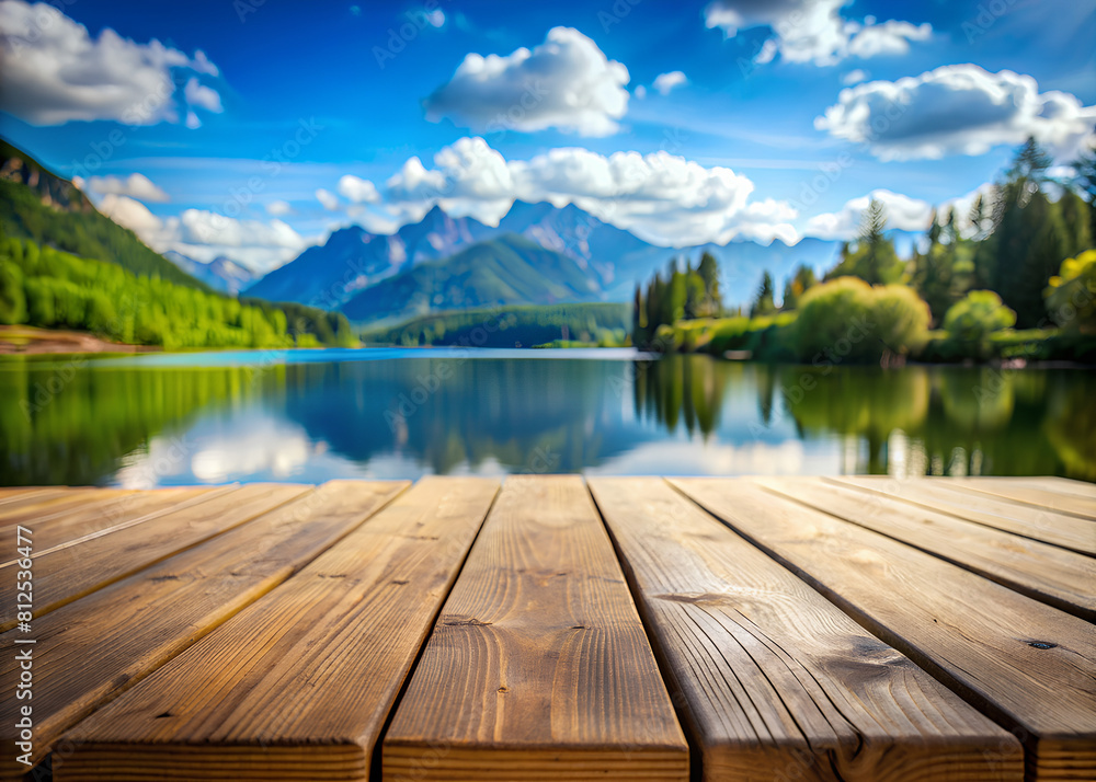 The empty wooden table top with blur background of summer lakes mountain. Exuberant image The empty wooden table top with blur background of summer lakes mountain. Exuberant image