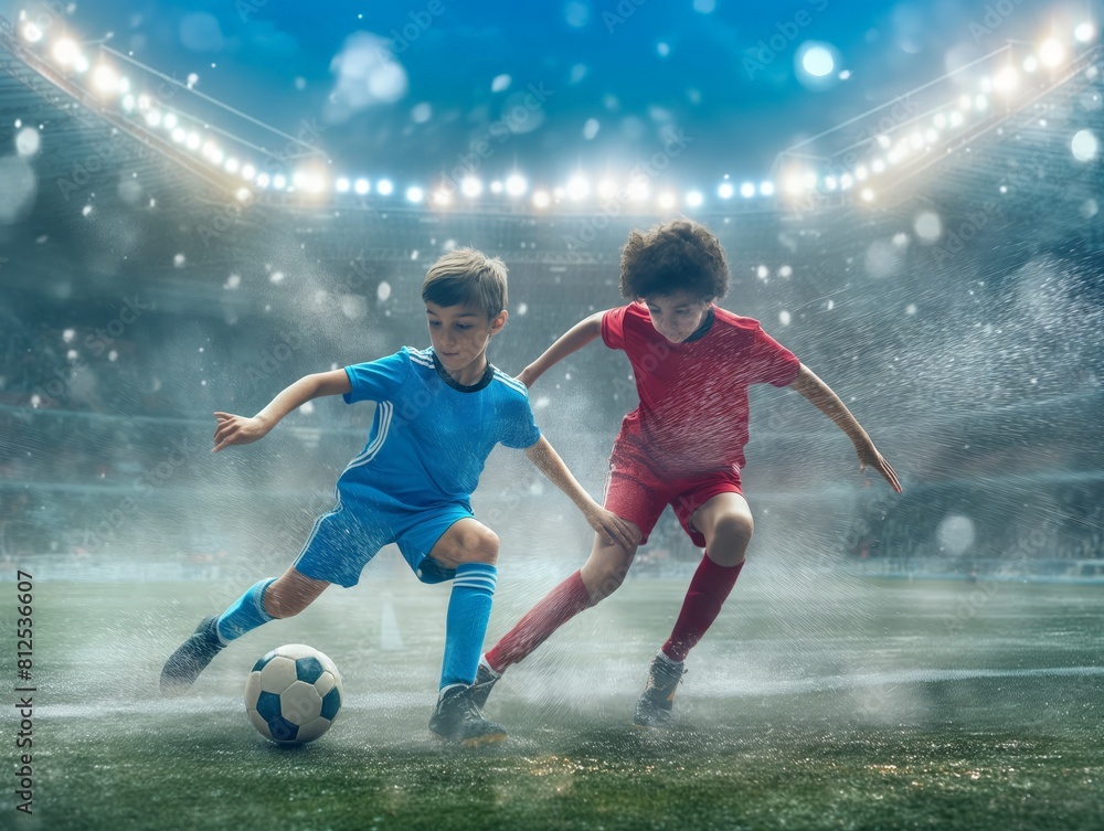 Two young boys in a dynamic soccer duel on a rain-soaked pitch under stadium lights.