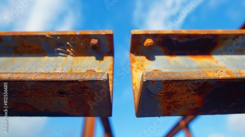 Rustic Skyline: Weathered Steel Beams Against a Vibrant Blue Sky
