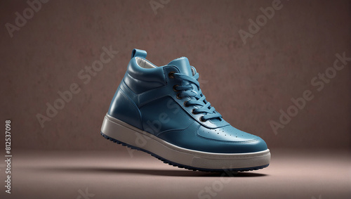 A blue high-top sneaker with white soles and dark blue laces is floating in the air against a beige background